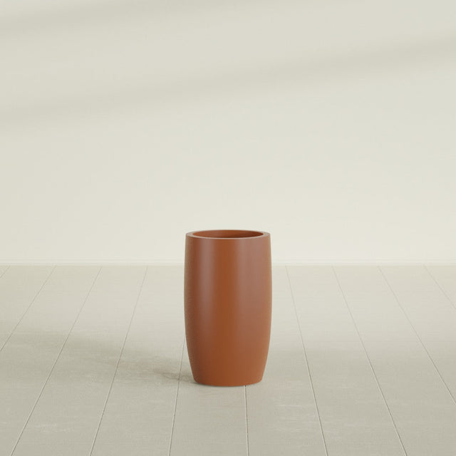 Lisbon tall round tapered fiberglass planter in Matte Terra Cotta, 14 in diameter, 25 in high, shown empty