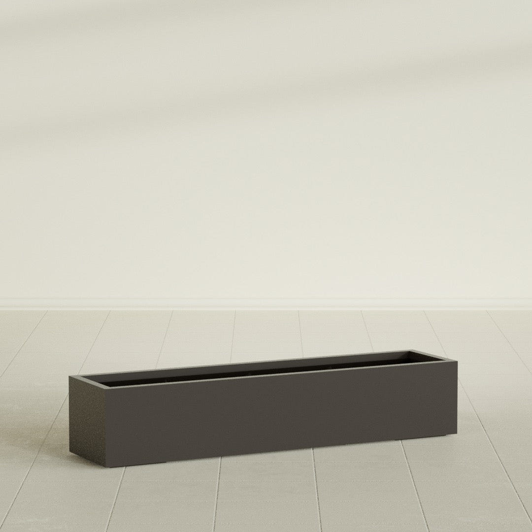 Cuba Low Rectangular Planter in Matte Dark Brown, 60"L × 14"D × 12"H, shown empty