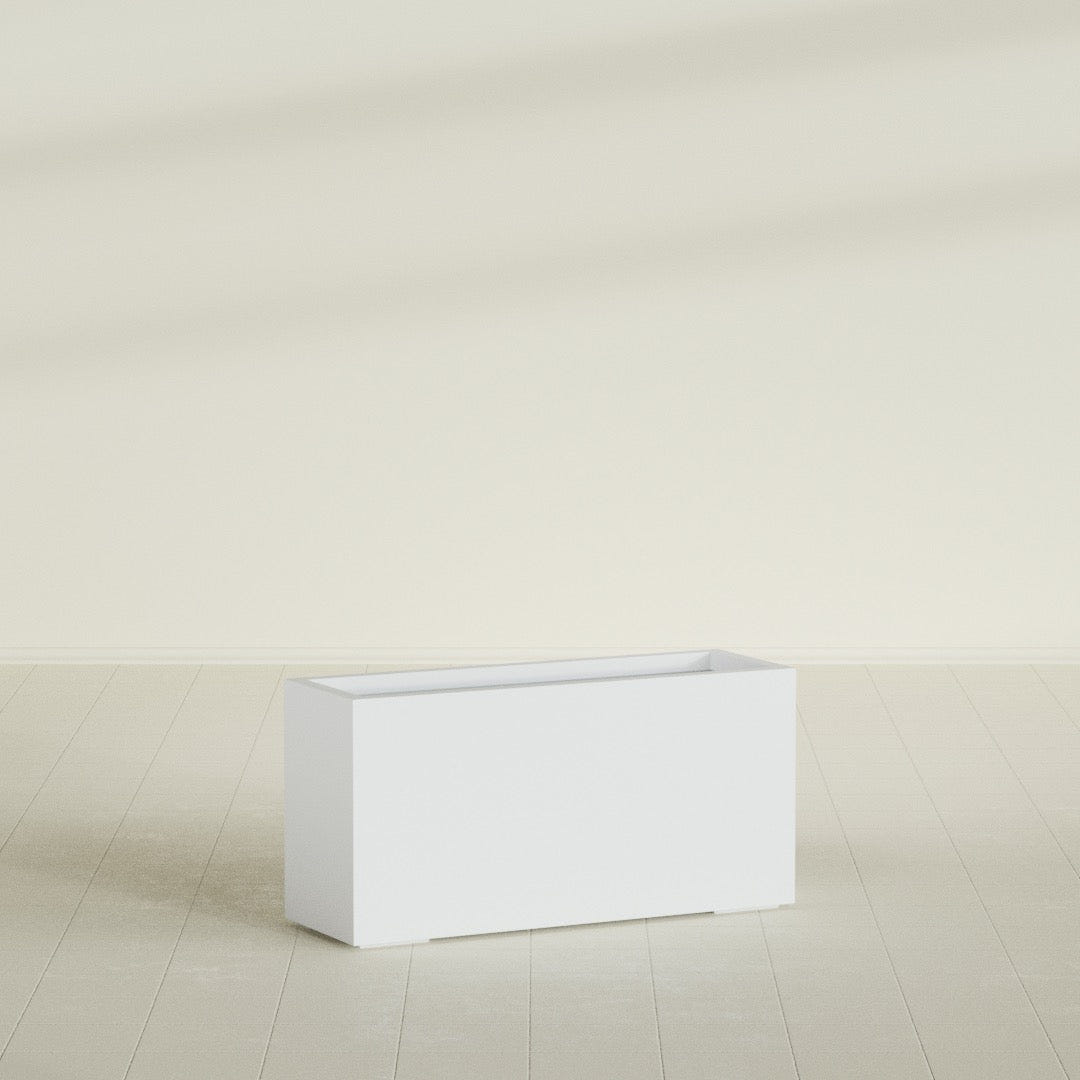 Miami Narrow Rectangular Planter in Gloss Bright White, 36"L × 12"D × 18"H, shown empty