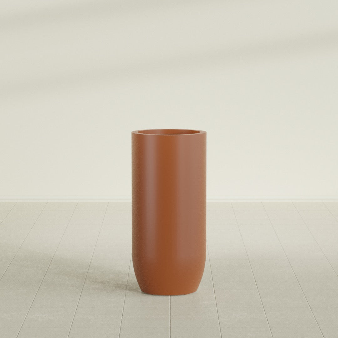 Saint Tropez Bullet Round Planter in Matte Terra Cotta, 20"D × 43"H, shown empty