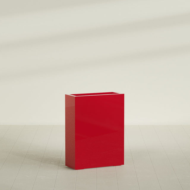 Amesbury Narrow Rectangular Planter in Gloss Red, 24"L × 10"D × 32"H, shown empty