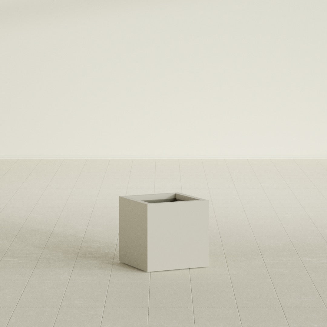 Montroy Cube Planter in Satin Beige, 16", shown empty