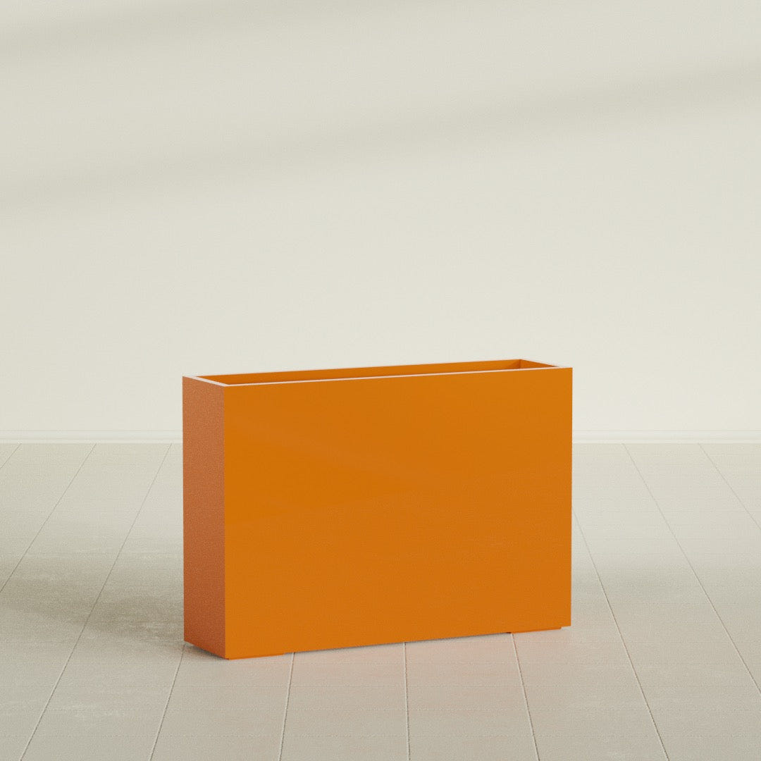 Perth Rectangular Planter in Gloss Tangerine, 60"L × 16"D × 42"H, shown empty