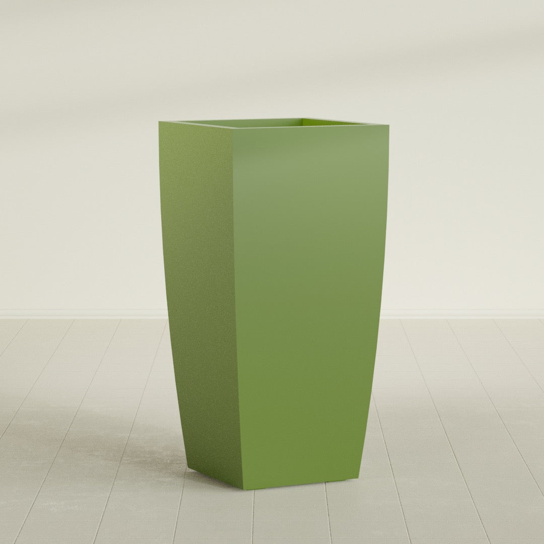 Toulan Tapered Square Planter in Satin Green, 23"W × 48"H, shown empty