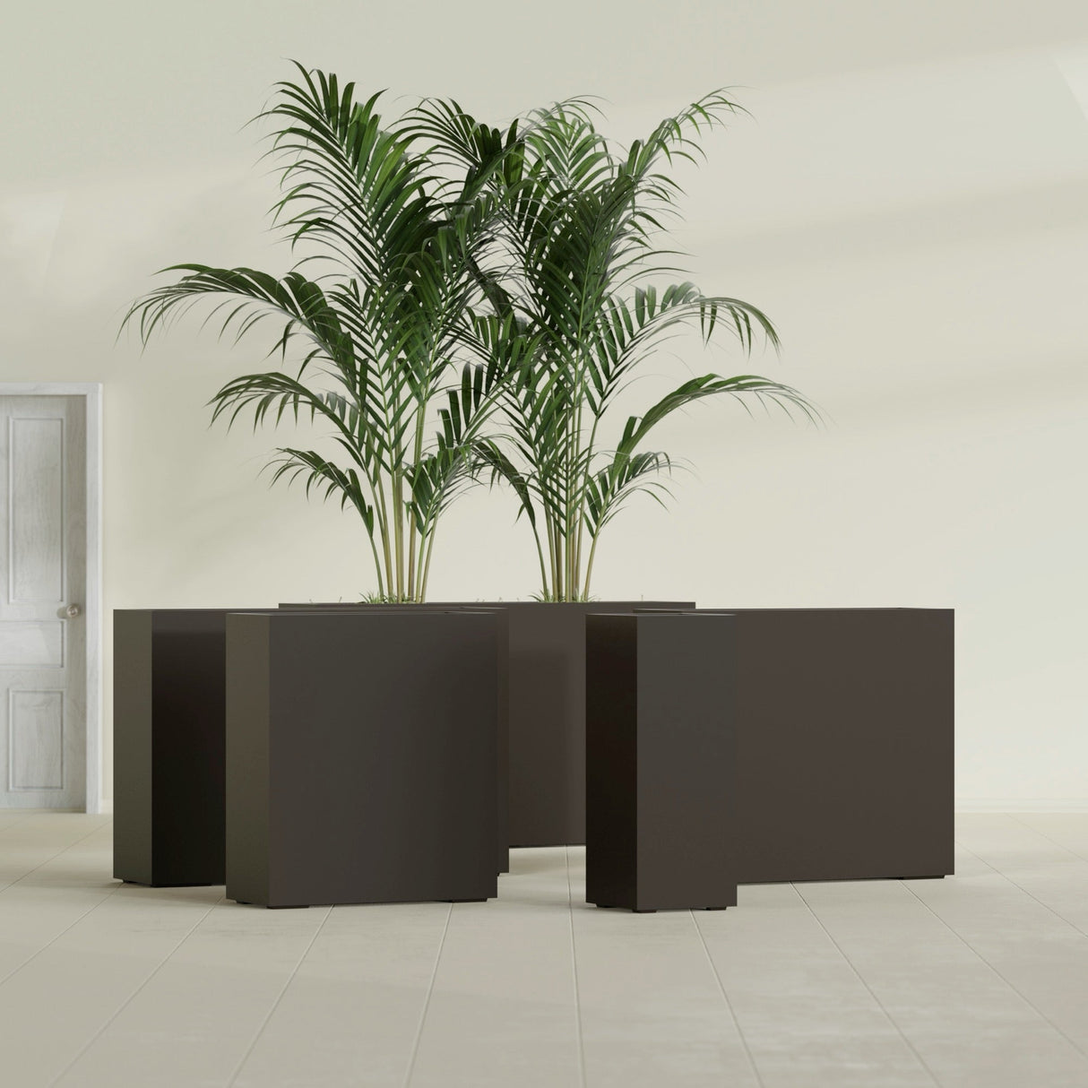 Perth Corner fiberglass planter in Matte Dark Brown, size range, in a sunlit interior
