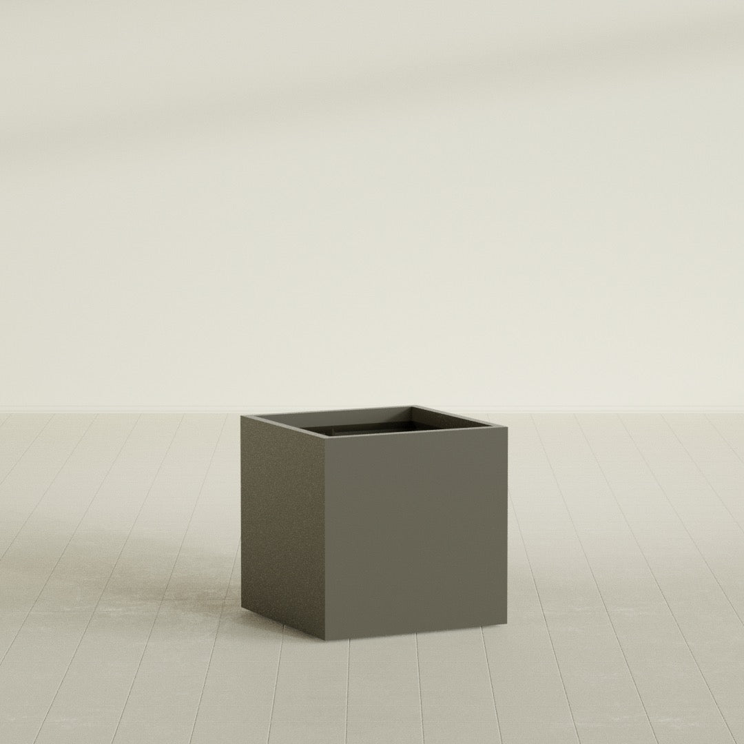 Montroy Cube Planter in Matte Bronze, 28", shown empty