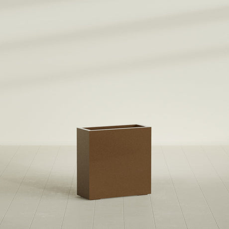 Milano Narrow Rectangular Planter in Metallic Bronze, 24"L × 10"D × 24"H, shown empty