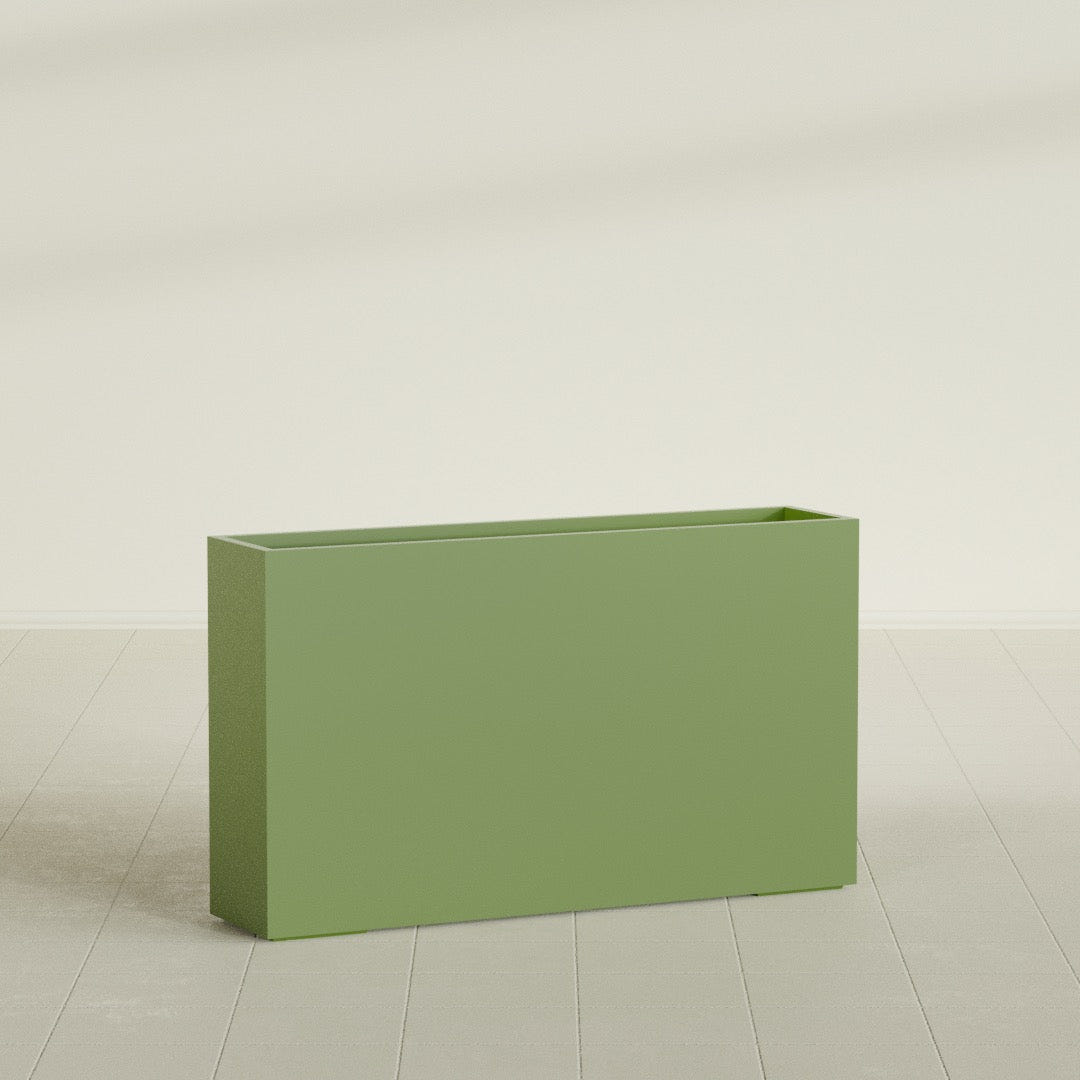 Perth Rectangular Planter in Satin Green, 72"L × 16"D × 42"H, shown empty
