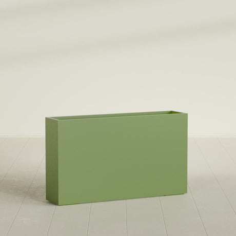 Perth Rectangular Planter in Satin Green, 72"L × 16"D × 42"H, shown empty