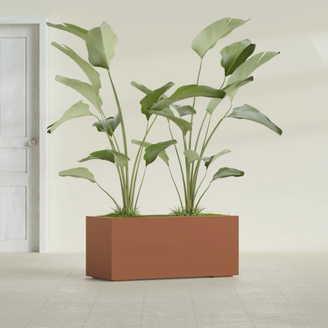 Badalona Rectangular fiberglass planter in Matte Terra Cotta, shown planted, in a sunlit interior