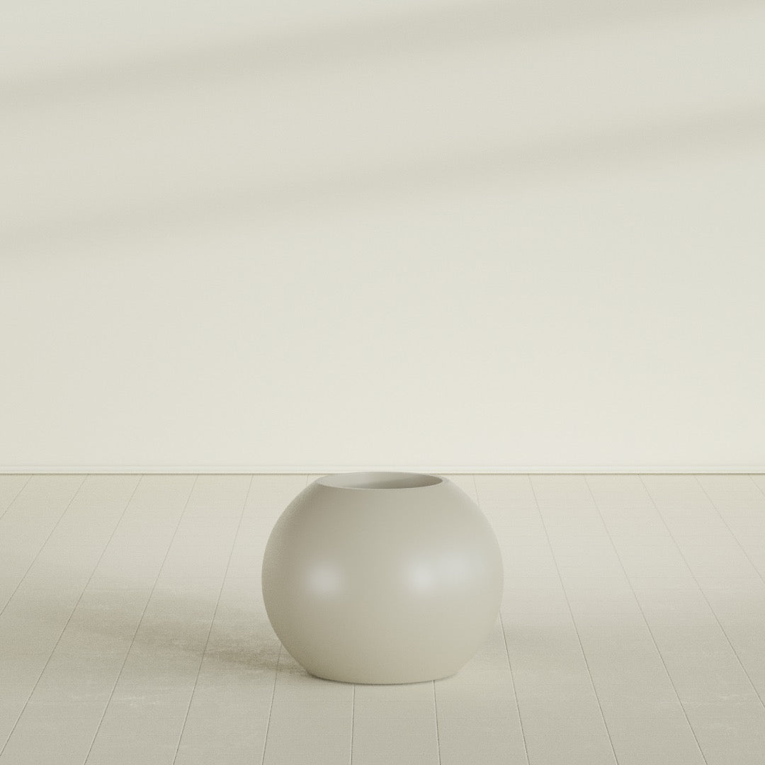 Globe Planter in Satin Beige, 24"D × 19"H, shown empty