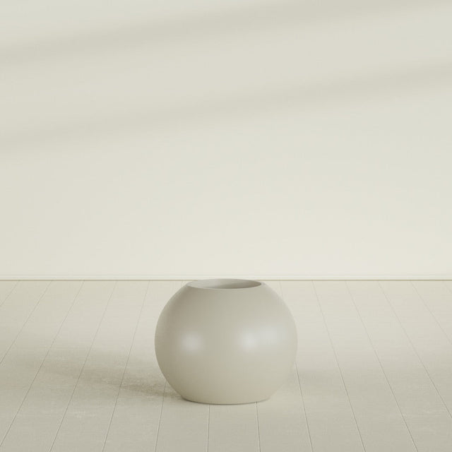 Globe Planter in Satin Beige, 24"D × 19"H, shown empty