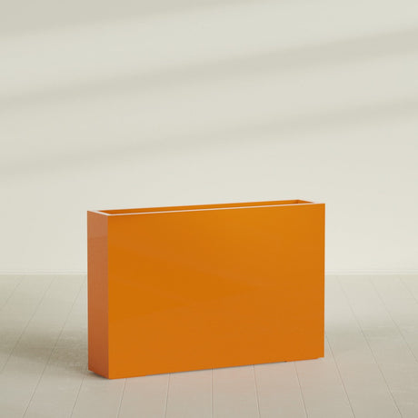 Amesbury Narrow Rectangular Planter in Gloss Tangerine, 48"L × 10"D × 32"H, shown empty