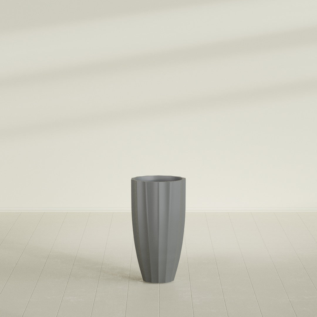San Jose Tall Fluted Planter in Matte Gunmetal, 16"D × 30"H, shown empty