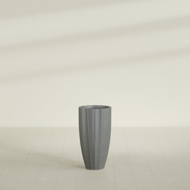 San Jose Tall Fluted Planter in Matte Gunmetal, 16"D × 30"H, shown empty