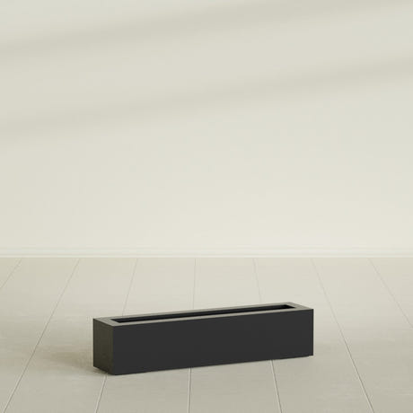 Salon Box Planter in Matte Black, 36" Long, shown empty