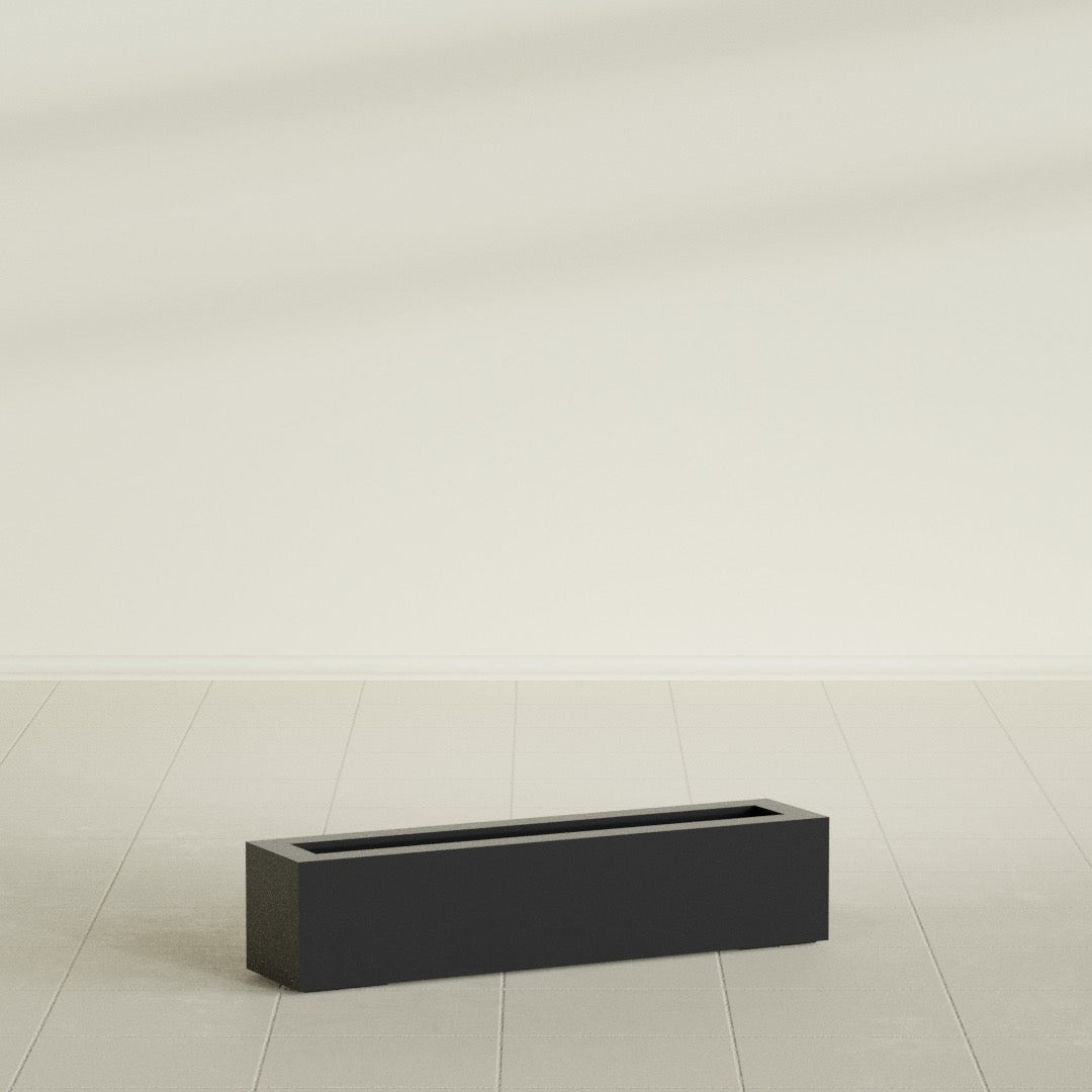 Salon Box Planter in Matte Black, 36" Long, shown empty