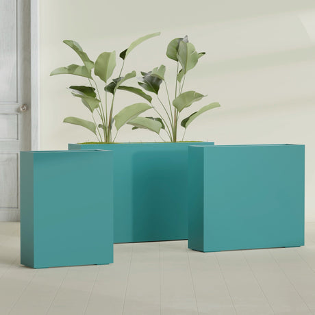 Amesbury Narrow Rectangular fiberglass planter in Satin Seafoam Green, size range, in a sunlit interior