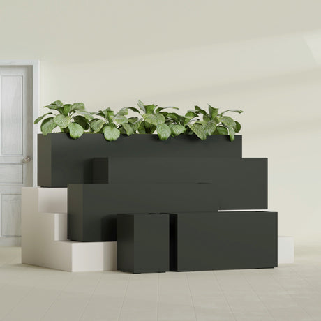 Miami Corner fiberglass planter in Matte Charcoal, size range, in a sunlit interior