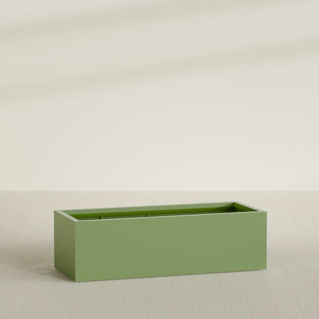 Torino Wide Rectangular Planter in Satin Green, 60"L × 24"D × 18"H, shown empty