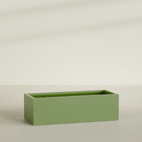 Torino Wide Rectangular Planter in Satin Green, 60"L × 24"D × 18"H, shown empty