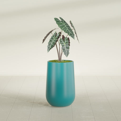 Hayden Urn fiberglass planter in Satin Seafoam Green, shown planted, in a sunlit interior