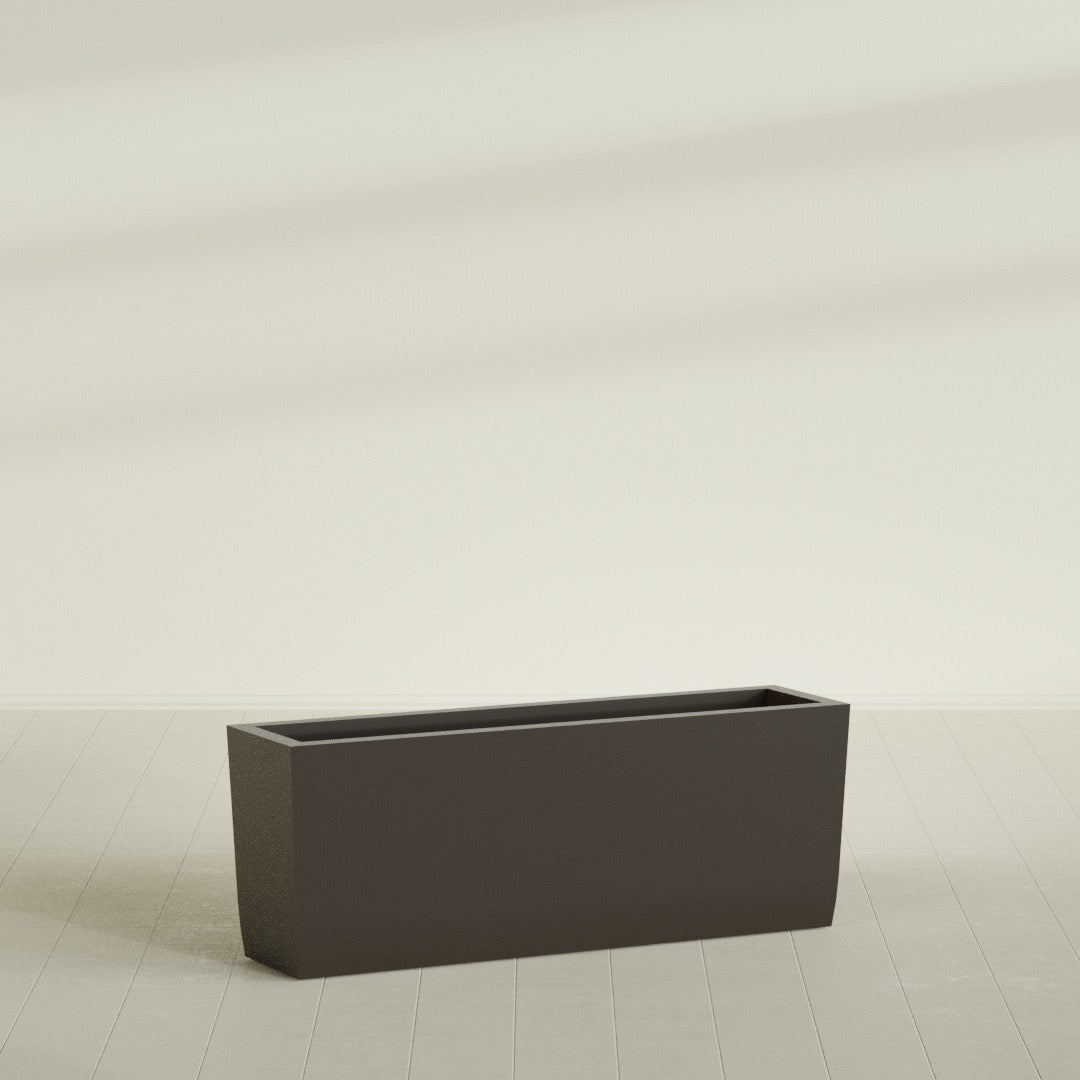 Panama Tapered Rectangular Planter in Matte Dark Brown, 48"L × 12"D × 18"H, shown empty