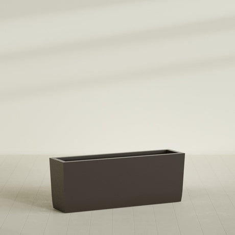 Panama Tapered Rectangular Planter in Matte Dark Brown, 48"L × 12"D × 18"H, shown empty