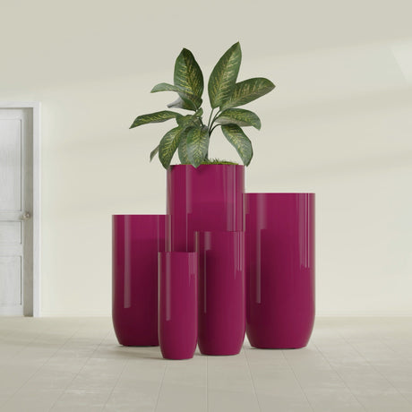Saint Tropez Bullet Round Planter in Gloss Eggplant, 28"D × 60"H, shown empty