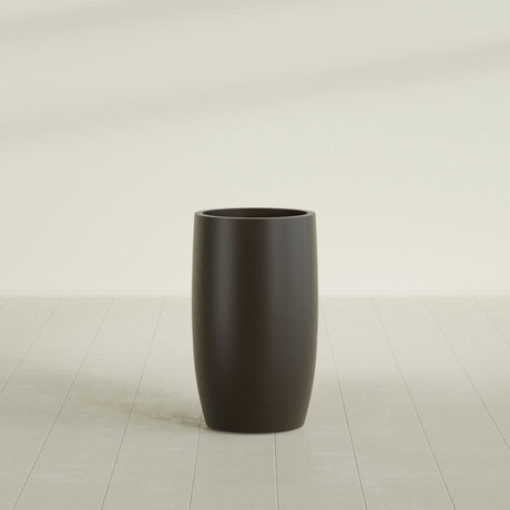 Lisbon tall round tapered fiberglass planter in Matte Dark Brown, 18 in diameter, 32 in high, shown empty