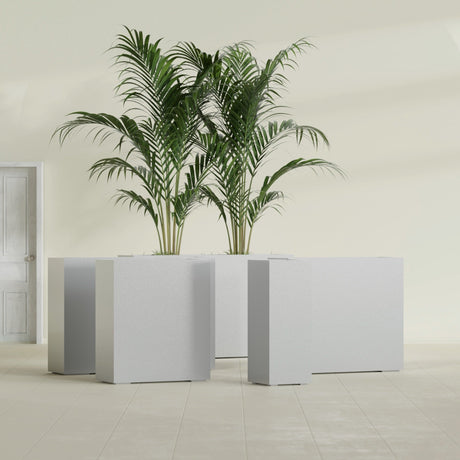 Perth Rectangular fiberglass planter in Metallic Silver, size range, in a sunlit interior