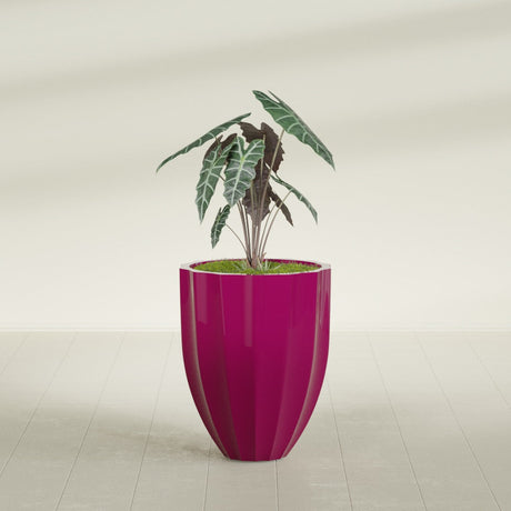 Alicante Fluted fiberglass planter in Gloss Eggplant, shown planted, in a sunlit interior