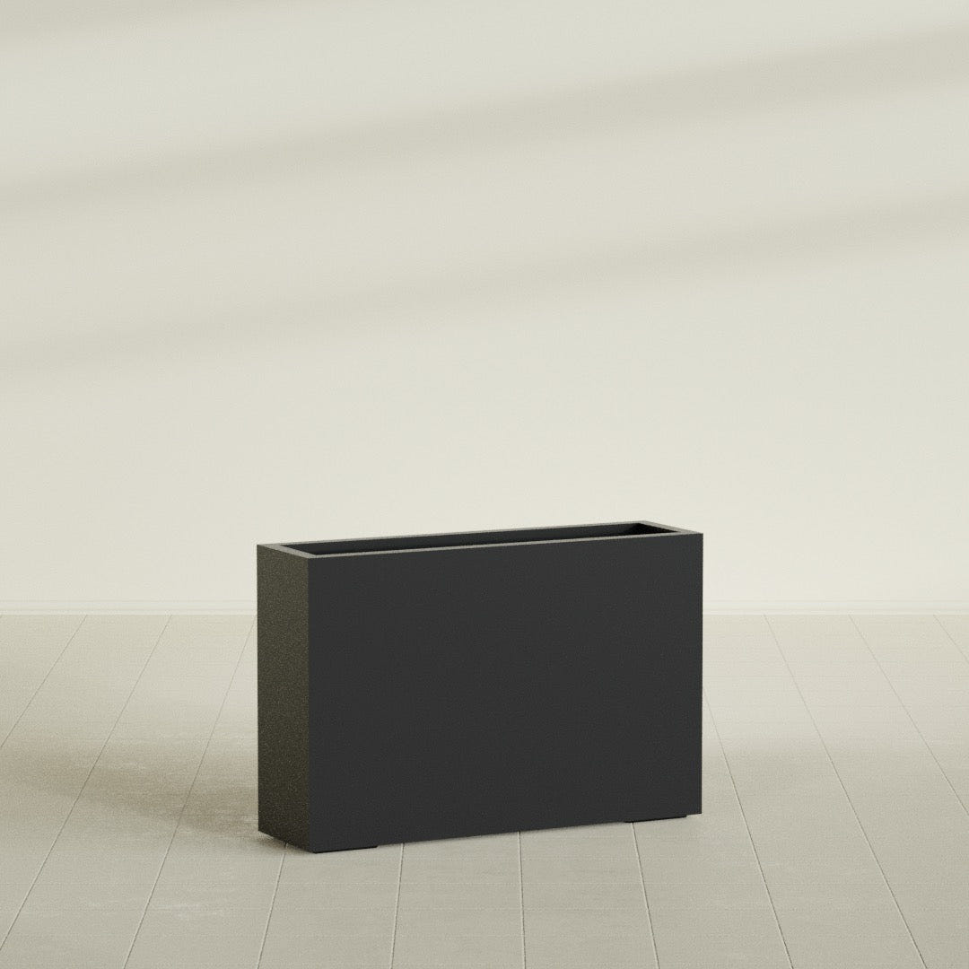 Milano Narrow Rectangular Planter in Matte Black, 36"L × 10"D × 24"H, shown empty