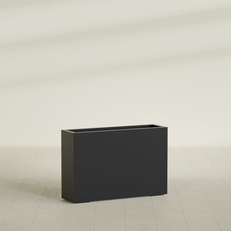 Milano Narrow Rectangular Planter in Matte Black, 36"L × 10"D × 24"H, shown empty
