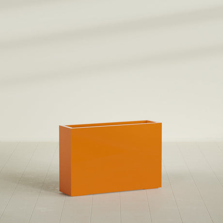 Milano Narrow Rectangular Planter in Gloss Tangerine, 36"L × 10"D × 24"H, shown empty