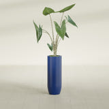 Saint Tropez Bullet Round fiberglass planter in Matte Cobalt Blue, shown planted, in a sunlit interior