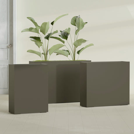 Amesbury Narrow Rectangular fiberglass planter in Matte Bronze, size range, in a sunlit interior