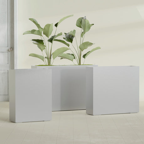 Amesbury Narrow Rectangular fiberglass planter in Metallic Silver, size range, in a sunlit interior