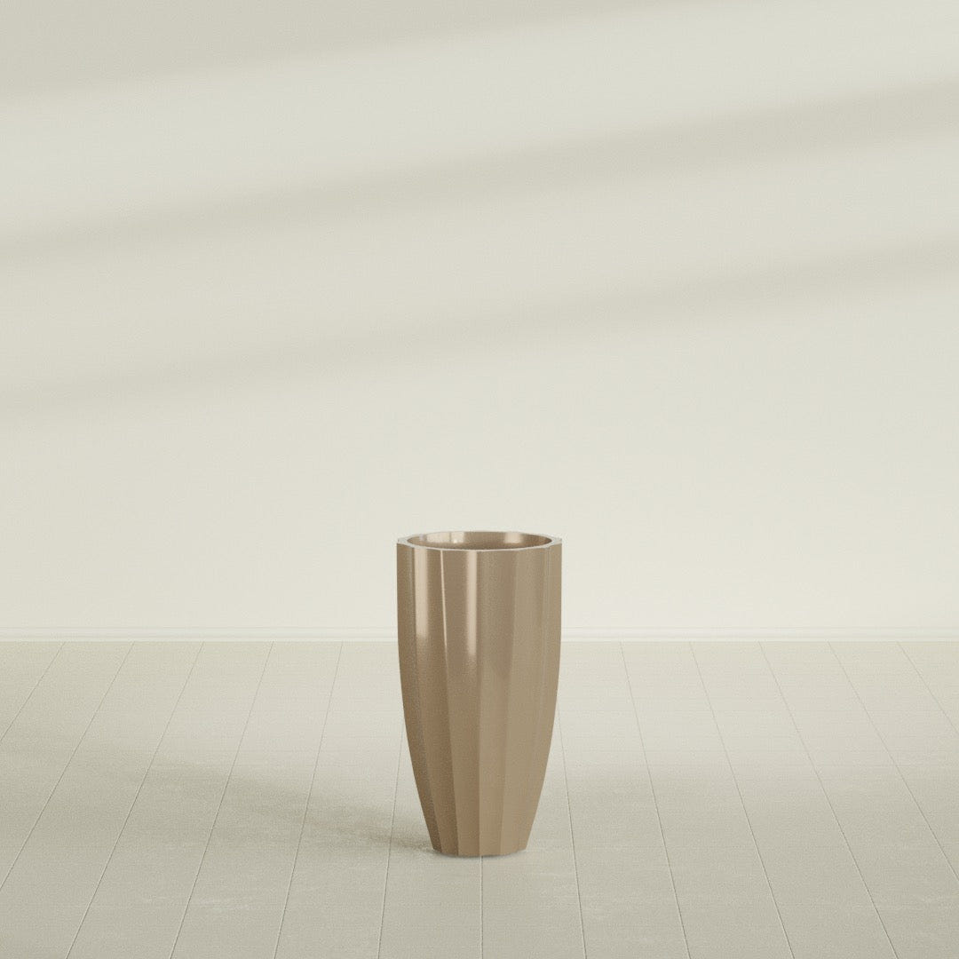 San Jose Tall Fluted Planter in Gloss Metallic Gold, 16"D × 30"H, shown empty