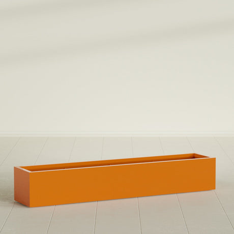 Cuba Low Rectangular Planter in Gloss Tangerine, 72"L × 14"D × 12"H, shown empty