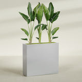Amesbury Narrow Rectangular fiberglass planter in Metallic Silver, shown planted, in a sunlit interior
