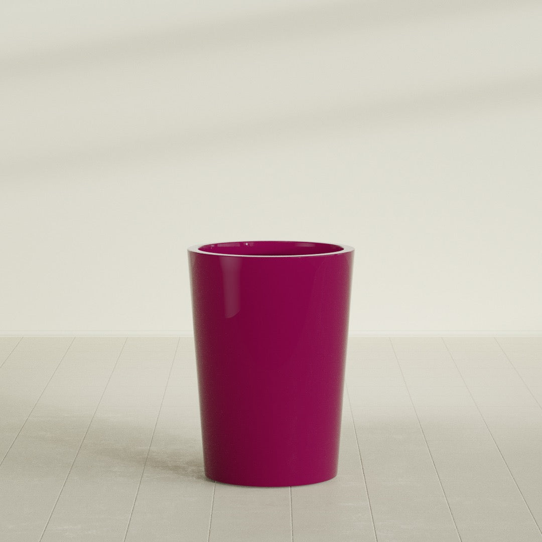 Tegel Round Tapered Planter in Gloss Eggplant, 22"D × 30"H, shown empty