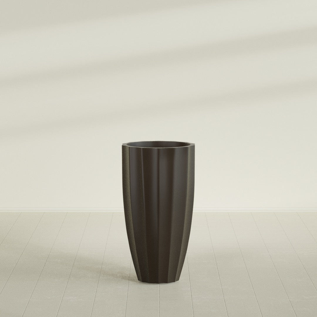 San Jose Tall Fluted Planter in Matte Dark Brown, 22"D × 40"H, shown empty