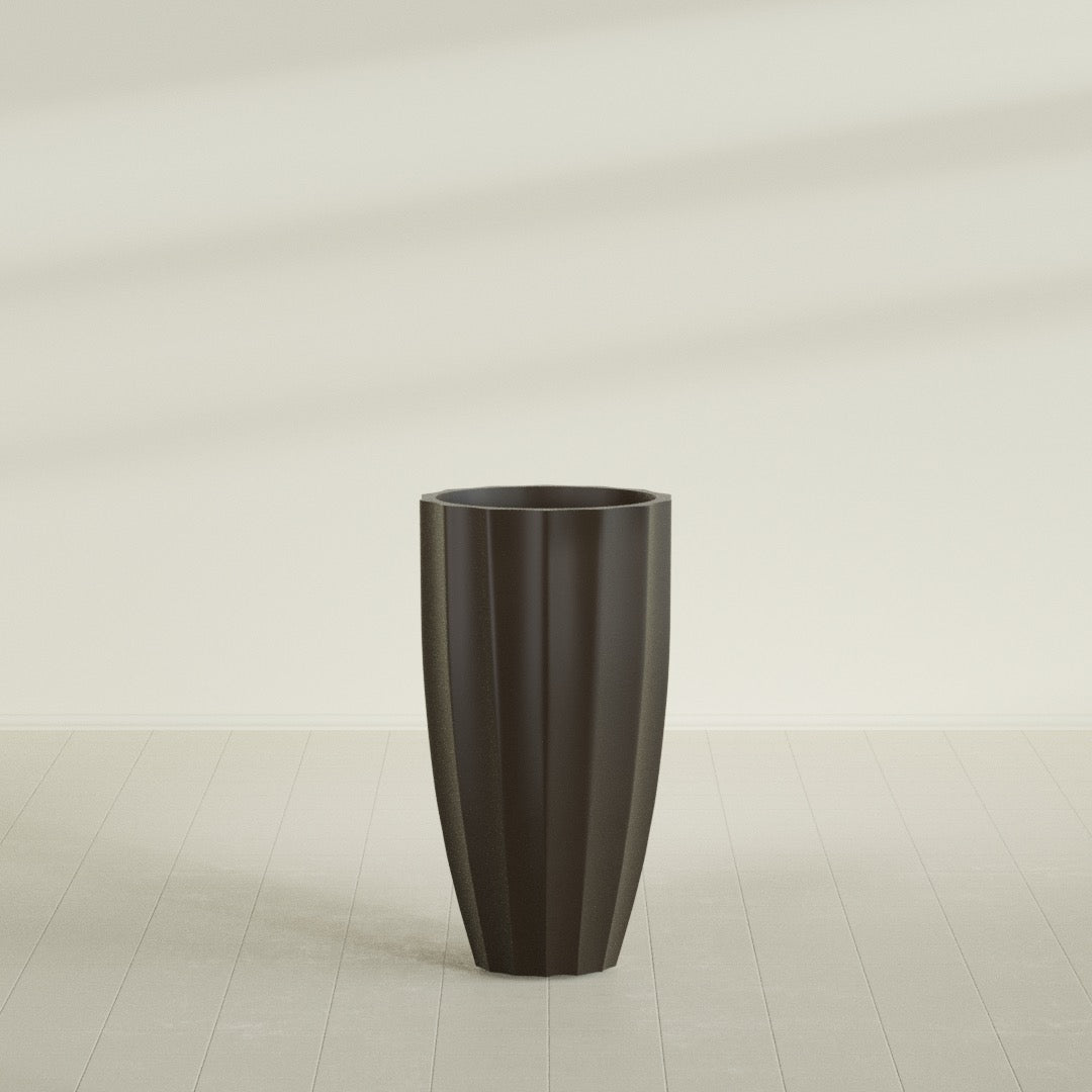 San Jose Tall Fluted Planter in Matte Dark Brown, 22"D × 40"H, shown empty