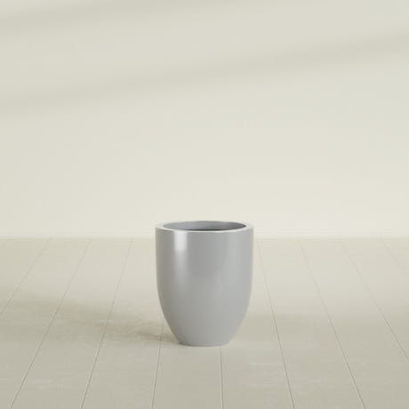 Valencia Tapered Round Planter in Metallic Silver, 15"D × 18"H, shown empty