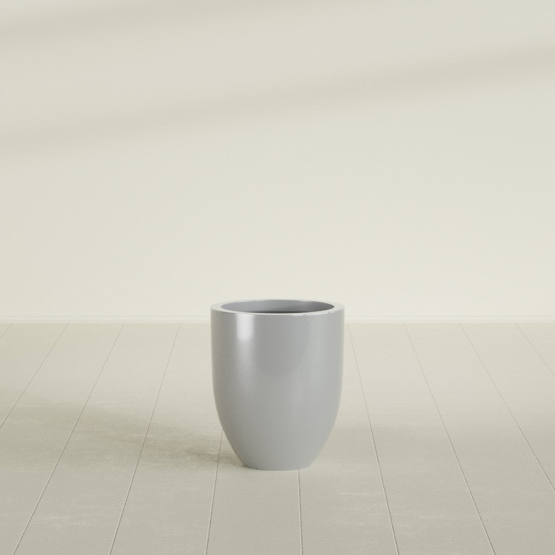 Valencia Tapered Round Planter in Metallic Silver, 15"D × 18"H, shown empty