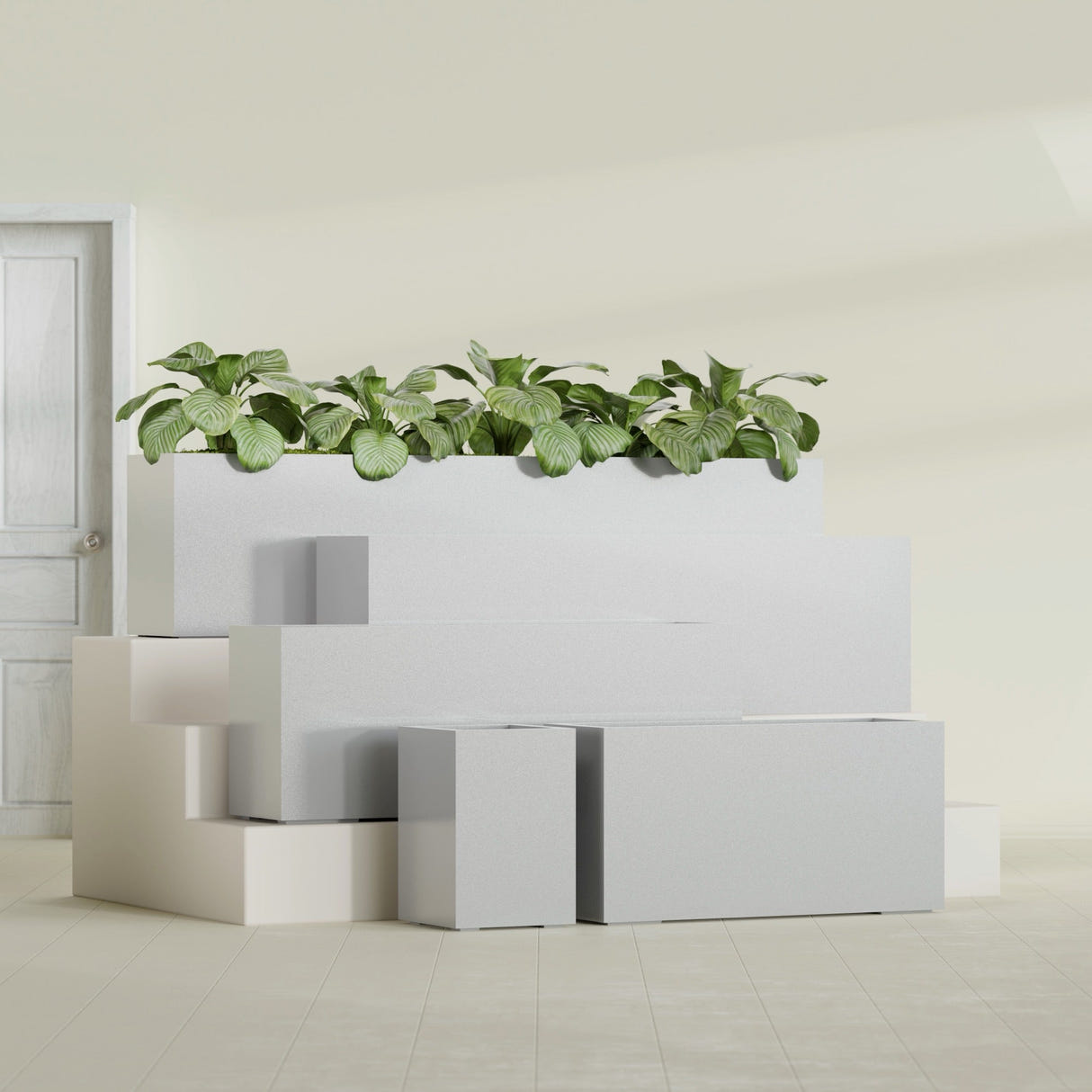 Miami Narrow Rectangular fiberglass planter in Metallic Silver, size range, in a sunlit interior