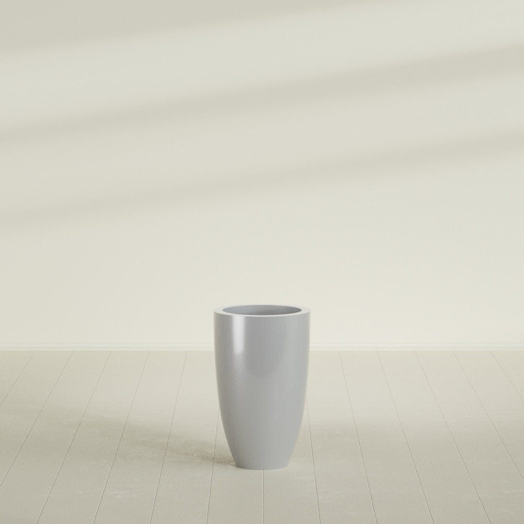 Brannan Tapered Round Planter in Metallic Silver, 18"D × 29"H, shown empty