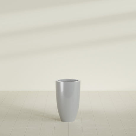 Brannan Tapered Round Planter in Metallic Silver, 18"D × 29"H, shown empty