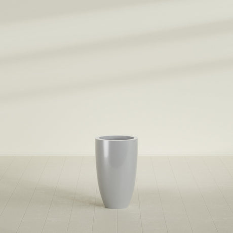 Brannan Tapered Round Planter in Metallic Silver, 18"D × 29"H, shown empty